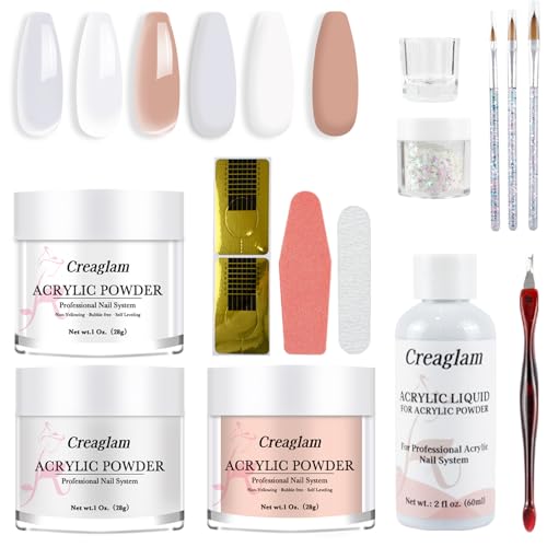 Creaglam 3-Color Acrylic Nail Kit (Clear/Nude/White) with 60ml Liquid & 28g Powder | Beginner Friendly Gel Glue & Nail Forms
