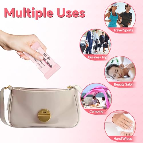 ICOTLE Compressed Towels - 50 Disposable Cotton Face Cloths for Travel & Outdoor Use