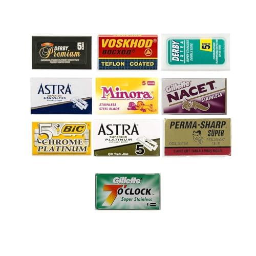 50-Piece Double Edge Safety Razor Blade Sampler Pack for Wet Shaving