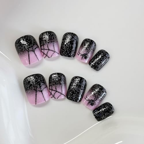 RIICFDD Halloween Short Square Spider Web Glitter Fake Nails - Halloween Nails 2