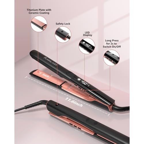 Annlary Hair Straightener 1 Inch Flat Iron and Curler 2 in 1 Titanium Ceramic Ionic Dual Voltage Straightener with Heat-Resistant Silicone, for Less Frizz, Shinier & Smoother