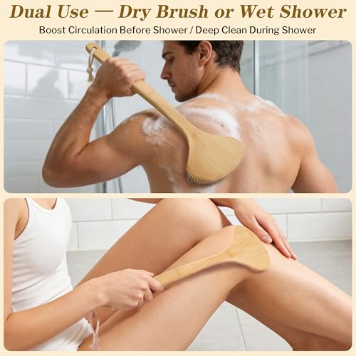 GROOMAGE Bamboo Back Scrubber - 17-Inch Curved Long Handle Bath Brush