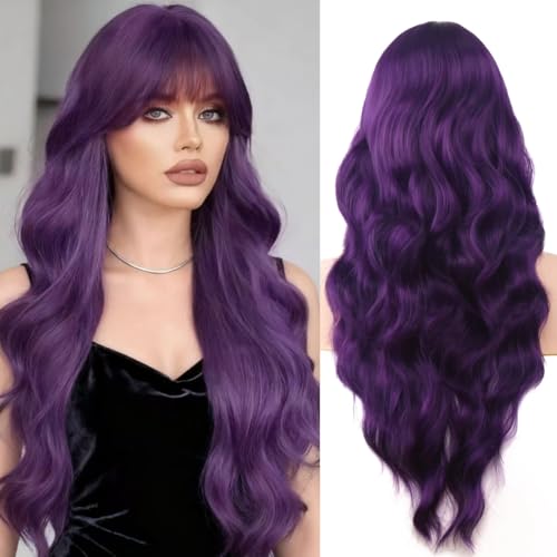 Purple 26 Inch Long Wavy Wig with Bangs - Heat Resistant Synthetic