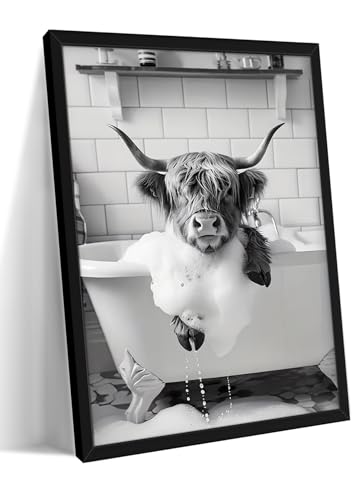 Funny Highland Cow Bathroom Wall Art - Black & White Canvas Print 10x8