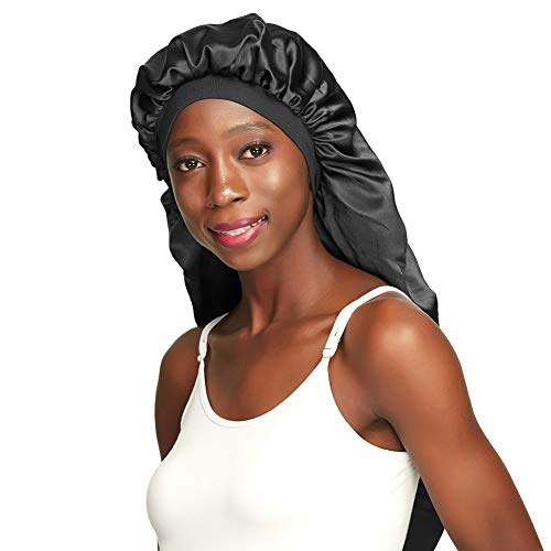 Awefeel X-Large Satin Bonnet for Long Hair - Black Jumbo Sleep Cap