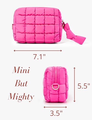 Yarnic Quilted Makeup Bag - Neon Pink Small Travel Organizer