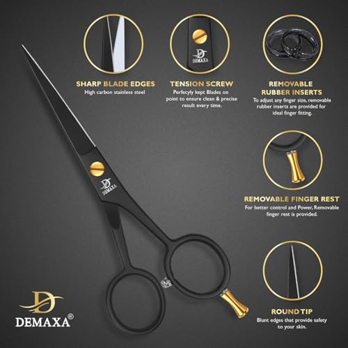 DEMAXA 5" Professional Beard Scissors for men Mustache Scissors with 1 Mustache Comb, 1 Beard Comb & Soft Pouch ? Prefect Beard shears mustache kit for All Facial Hair ? moustache Grooming kit for Men