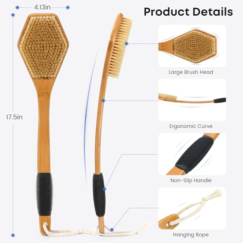Eaxun 17.5-Inch Bamboo Back Scrubber with Curved Handle for Shower and Skin Exfoliation