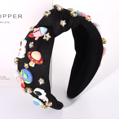 Mokkia Space Astronaut Headband for Women - Pattern A with Jeweled Saturn and Rocket Design