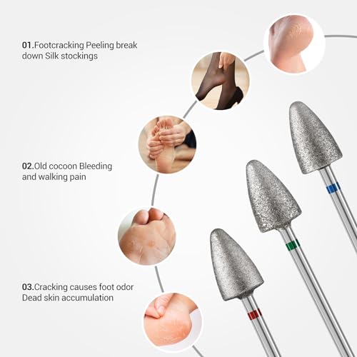 MelodySusie 3PCS 8mm Diamond Pedicure Cone Nail Drill Bits Set Silver - Coarse, Medium & Fine Grit for Toenails & Calluses