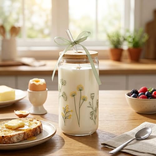 Floral Glass Cup with Lid and Straw - 16oz Aesthetic Tumbler