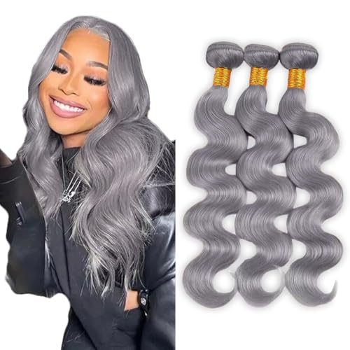 MavKuvx Brazilian Body Wave Grey Human Hair Bundles - 3 Pack 150g Total