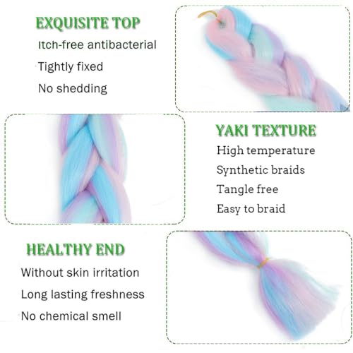 Rainbow Braiding Hair 3 Packs 24inch Jumbo Synthetic Extensions for Twist & Box Braids - Pink/Blue/Purple/Light Cyan