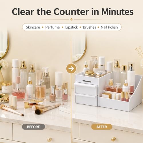 White Makeup Organizer with 2 Drawers & 7 Compartments for Cosmetics & Skincare