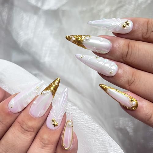 White Gold Pearlescent Long Stiletto Press On Nails - Size M