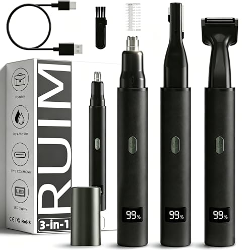 RUIM Black 3-in-1 Waterproof Men’s Nose & Ear Trimmer with Eyebrow Attachments
