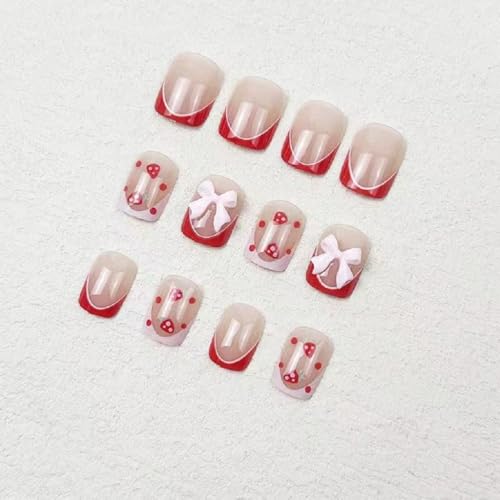 Short Square Press-On Nails with 3D Bow Strawberry Design - 24 Pcs