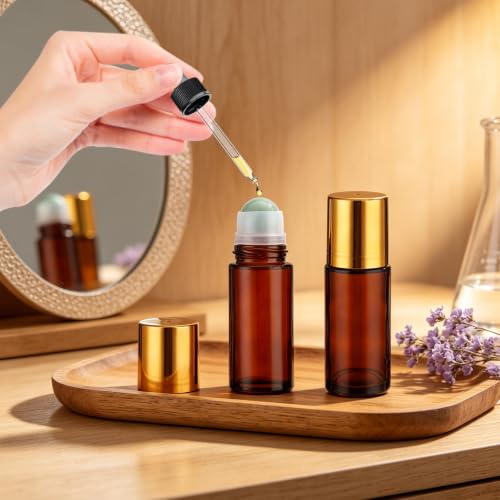 Green Crystal Roller Ball Amber Glass Roll On Bottles - 2 Pack, 1.7oz for Essential Oils & Skincare