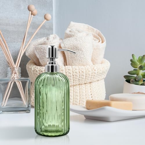 18 Oz Glass Soap Dispenser with Stainless Steel Pump - Modern Ribbed Design