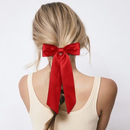WantGor Satin Long Tail Bow Hair Clips for Women - Red
