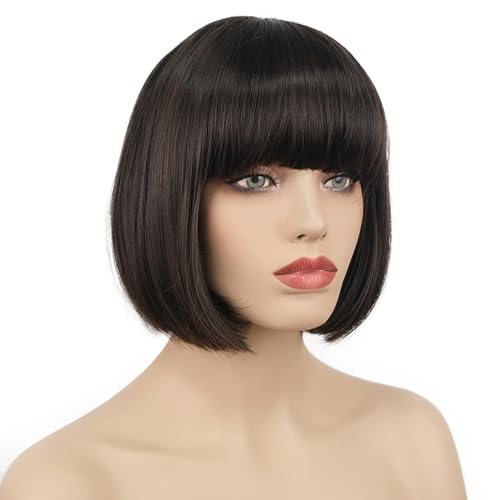 Lydell 8" Short Bob Wig with Flat Bangs - Heat Resistant Synthetic Hair
