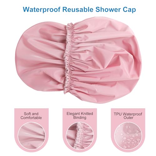 Pink Waterproof Shower Cap for Women - Large Double-Layer Bonnet, Hair & Spa Protection