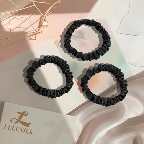 Black Small Mulberry Silk Scrunchies for Thin Hair - 3 Pack