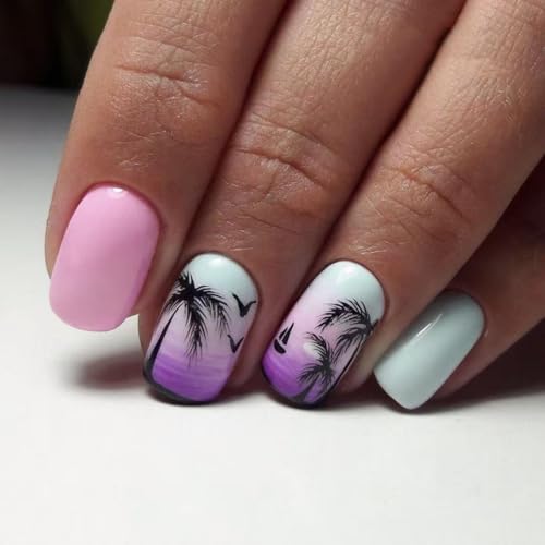 Sevgob Pattern W8 Summer Press On Nails Short Square Tropical Beach Sunset Design Glossy Ombre Blue Purple Reusable Fake Nails