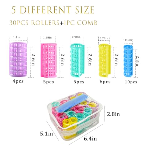 Blue 30Pcs Plastic Self Grip Hair Curlers Set with Mini Comb - No Heat Styling