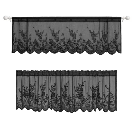 Molaxhome Black Lace Floral Semi Sheer Kitchen Valance 51x16
