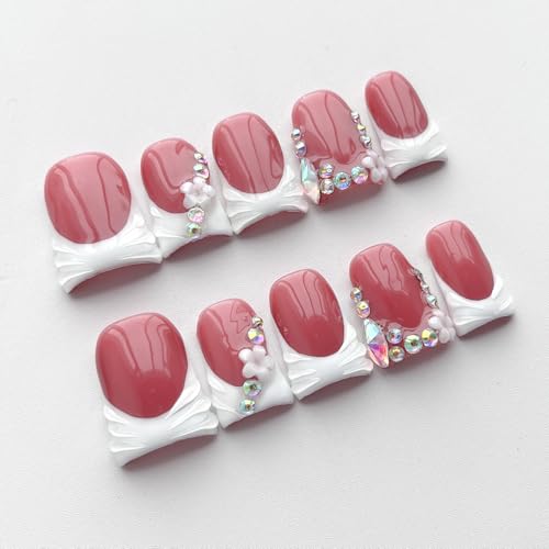 BRKYKGK Short Duck Press on Nails M - 10Pcs White Floral Acrylic