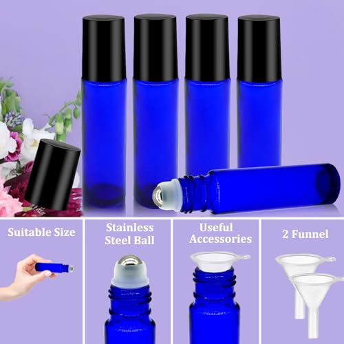 25 Pcs Blue Essential Oil Roller Bottles 10ml Glass with Funnels