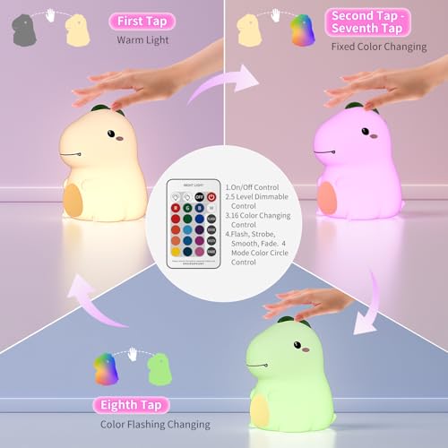 Dinosaur Night Light - 16 Color Silicone Touch Lamp for Kids