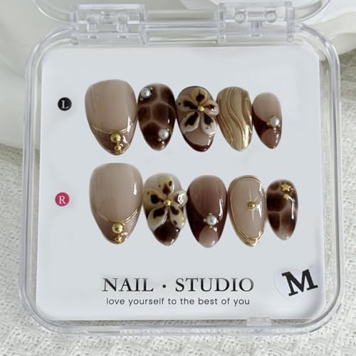 Medium Almond Brown Acrylic Press On Nails with 3D Flowers - Reusable Kit