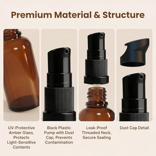 Bamboopack 50ml Amber Glass Refillable Lotion Bottles Pack of 6 Travel Dispenser Containers