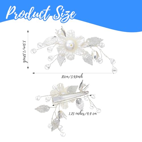 Sorcristy Bridal Flower Hair Clips Set - White Pearl & Silver Leaf Vine