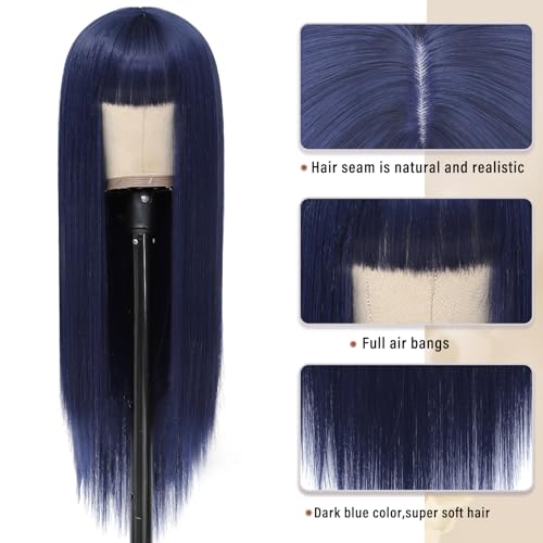 Long Straight Blue Wig with Bangs - Heat Resistant Synthetic Hair