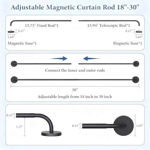 Adjustable Magnetic Curtain Rod for Metal Doors, 18-30 Inch