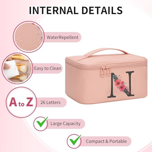 Personalized Initial Makeup Bag - Pink Travel Organizer with Brush Holder