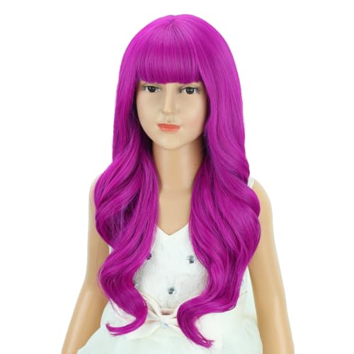 Kids Long Wavy Rose Purple Wig with Bangs - 22-Inch Synthetic Curly Hair