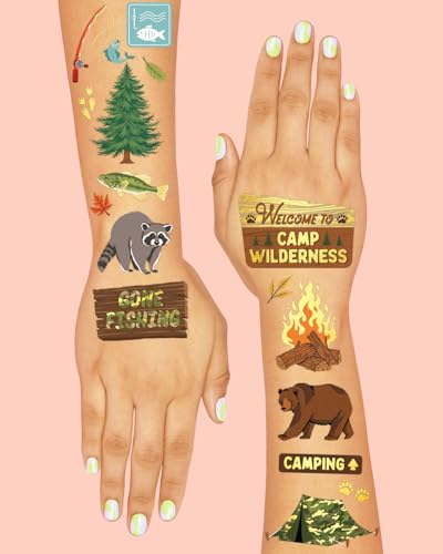 XO Fetti Camping Party Temporary Tattoos 44 Metallic Designs - 8.2x6 Inch Sheets, Wilderness & Forest Animals Favors