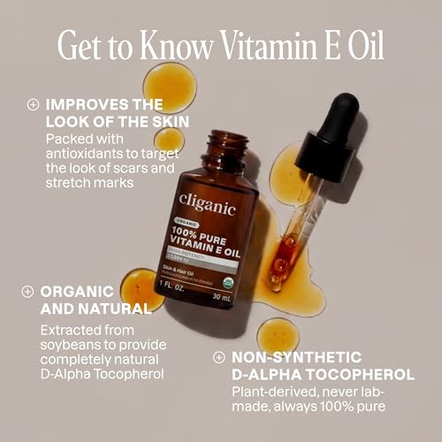 Cliganic Organic Vitamin E Oil 1 Fl Oz - Pure Natural Face & Skin Nourishing Serum