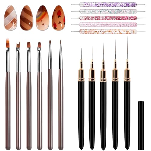 Laza Brown 16pcs Nail Art Brushes Set - Dotting, Lining & Detail Tools