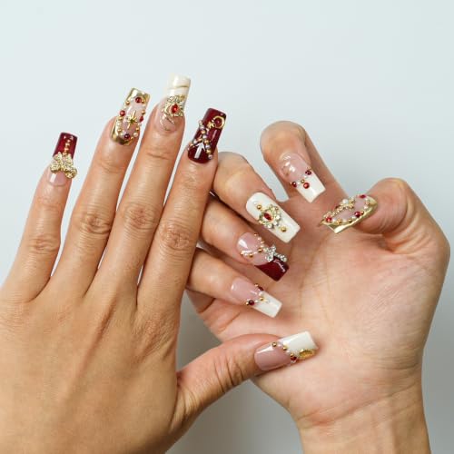 Tesytto Handmade Red Baroque Press on Nails, Medium Square Gothic Glue on Set