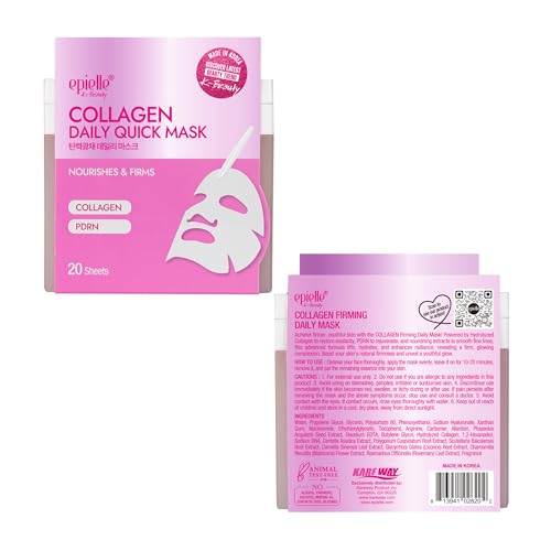 Epielle Collagen Korean Face Masks 20 Pack - Hydrating Anti-Aging Sheet Masks with Hyaluronic Acid