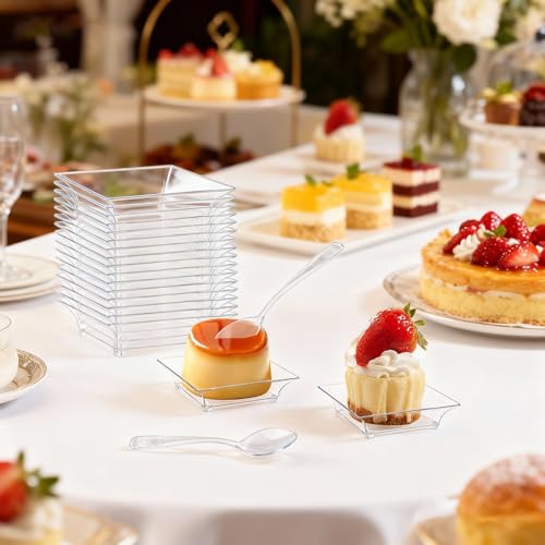 50 Pack Mini Dessert Plates with Spoons | Clear Disposable Appetizer Plates