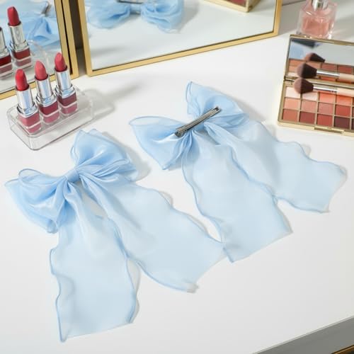 DOPENSPI 2PCS Large Blue Hair Bow Clips - Elegant Silk Ribbon Barrettes
