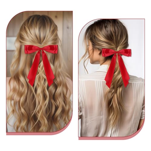Red Satin Hair Bow Clips 2 Pack Large Hair Accessories for Women & Girls