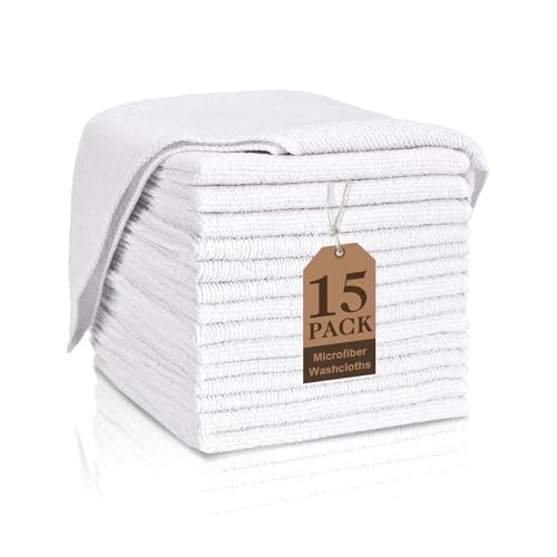 TEAWOO White Microfiber Washcloths - 15 Pack, Soft & Quick-Drying
