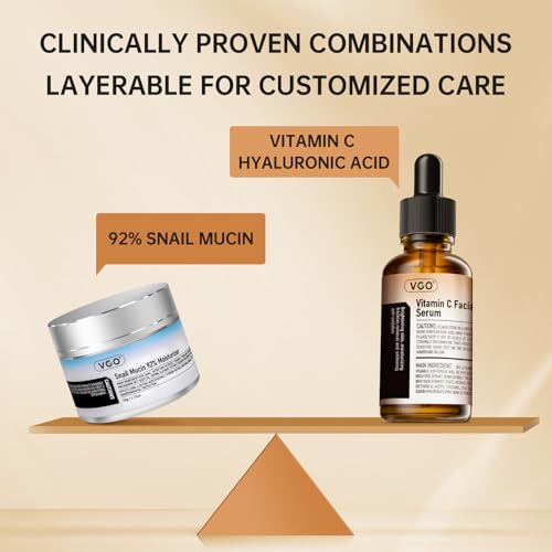 VGO Skin Care Set, with Snail Mucin 92% Moisturizer 1.76 Oz & Vitamin C Face Serum 1.01 Oz, Daily Hydrating & Firming Skincare Routine Kit for All Skin Type